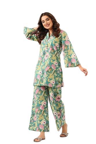 yashika women's trendy printed cotton blend straight light green color kurta and palazzo set(ys-ks2075-s)