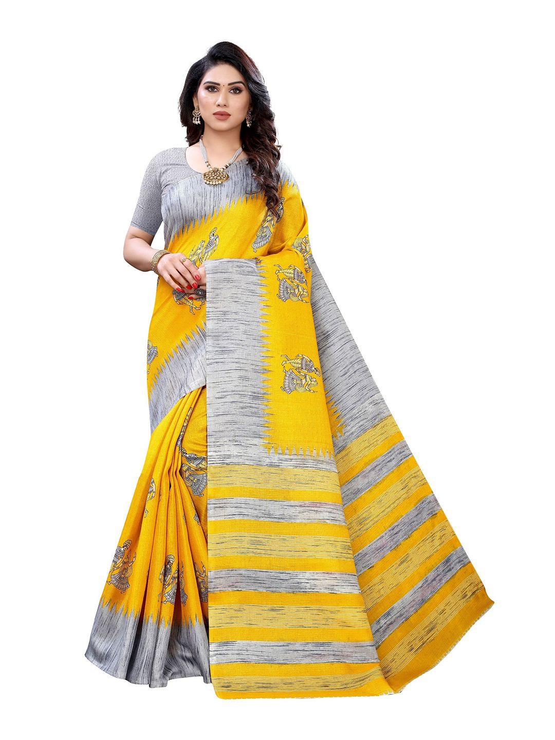 yashika yellow & grey striped art silk khadi saree