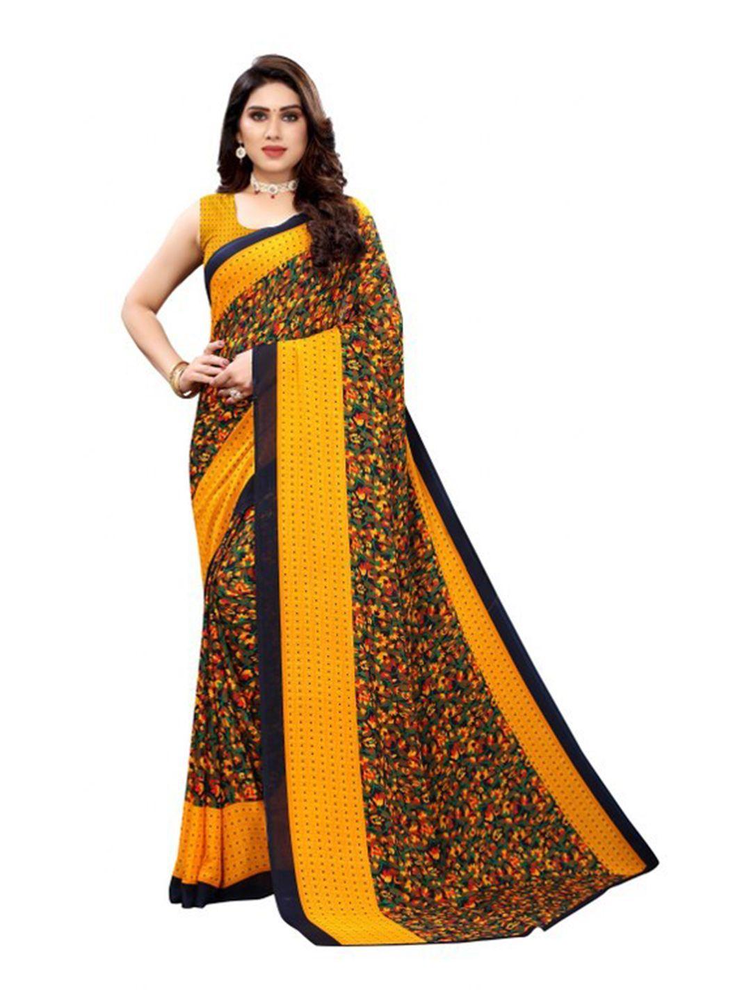 yashika yellow & navy blue floral printed poly-georgette saree