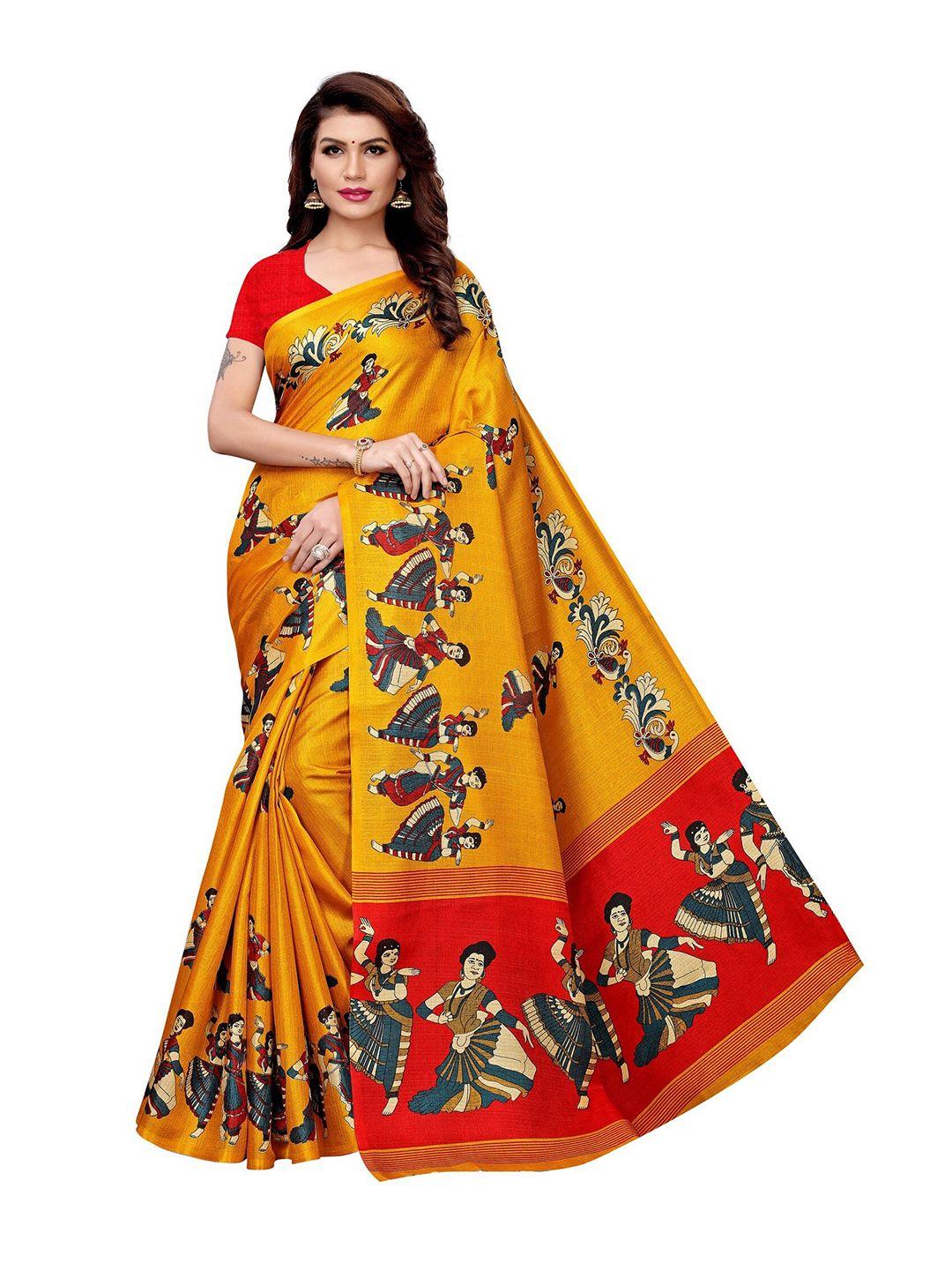 yashika yellow & red ethnic motifs art silk khadi saree