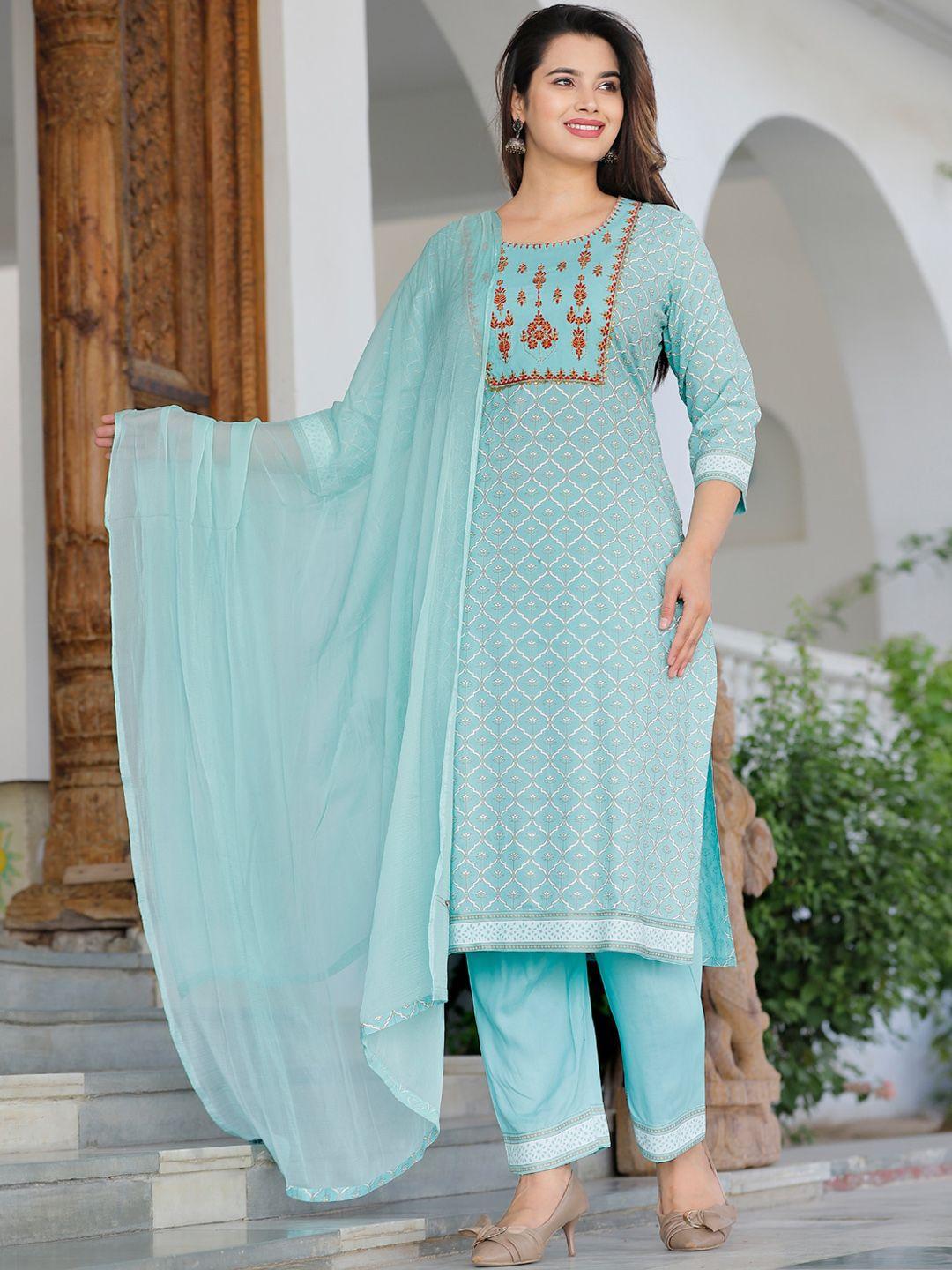 yavi women blue ethnic motifs printed gotta patti kurta with palazzos & with dupatta