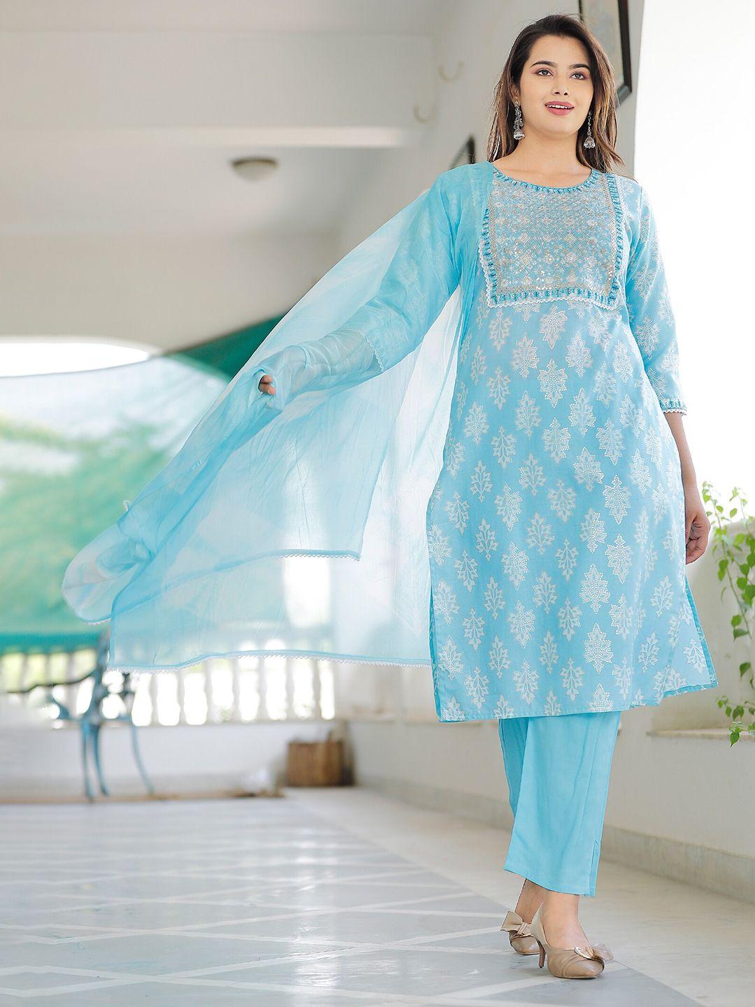 yavi women blue ethnic motifs printed kurta with trousers & with dupatta