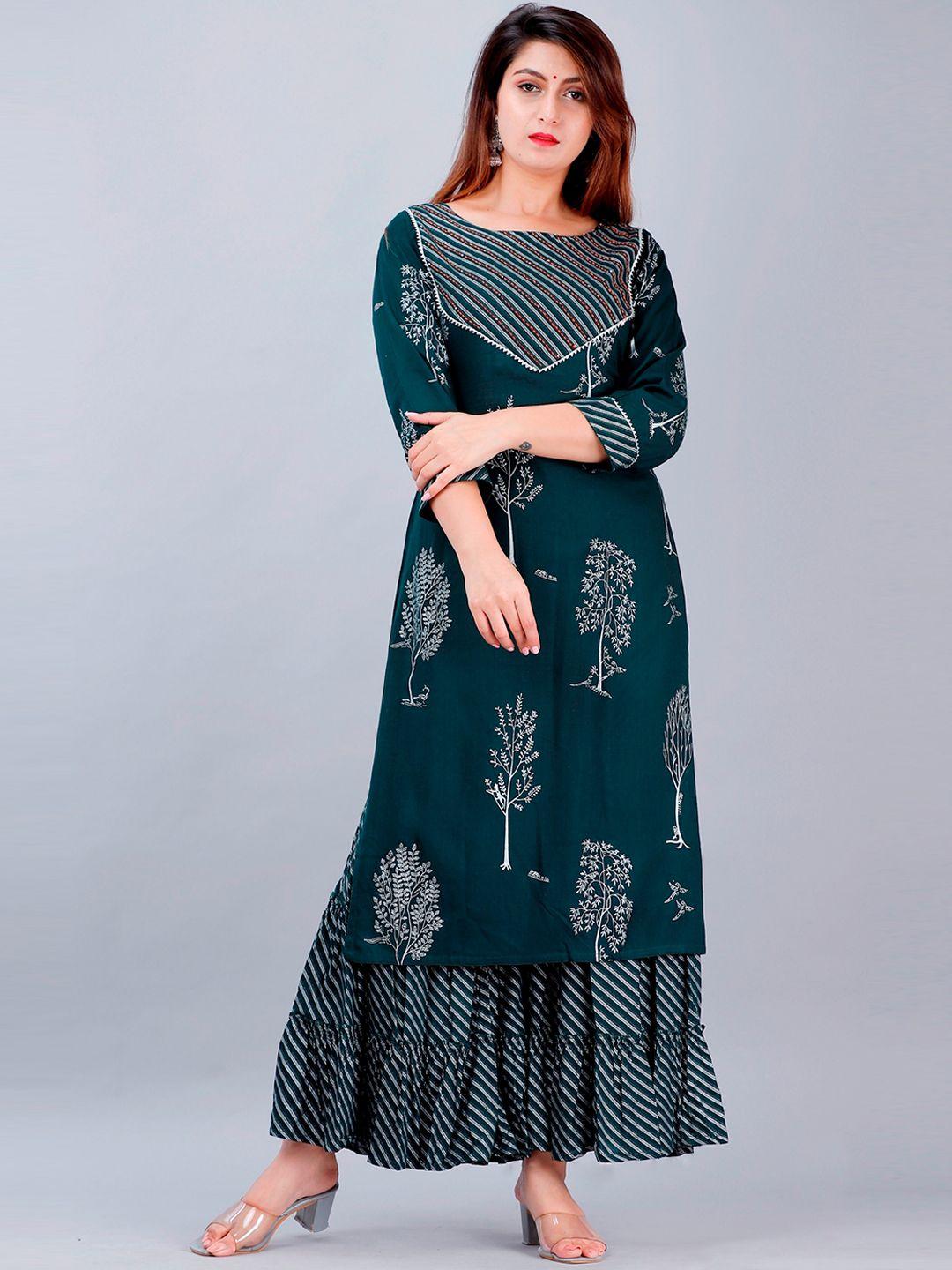 yavi women green ethnic motifs printed kurta with sharara