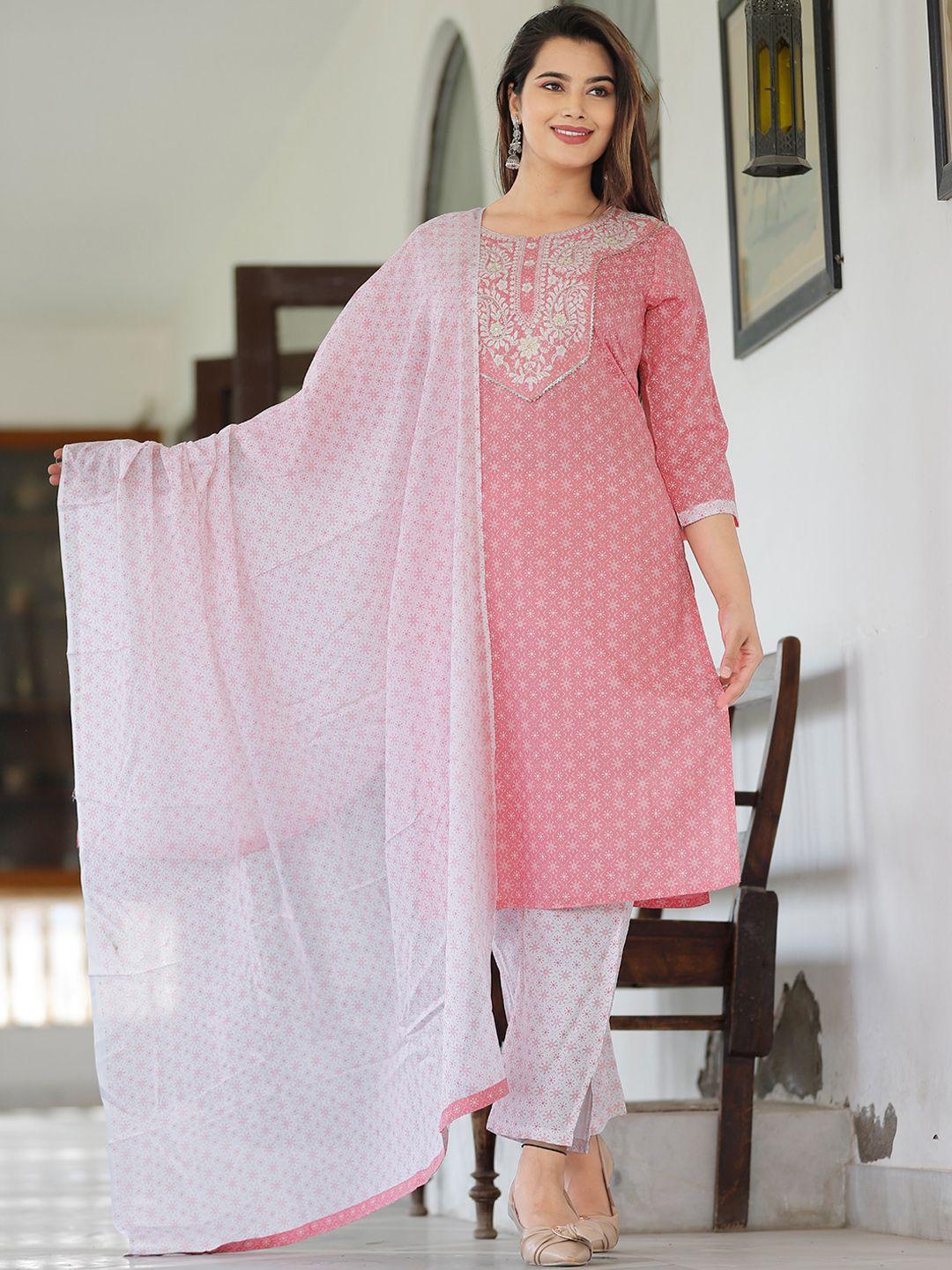 yavi women pink ethnic motifs printed thread work kurta with palazzos & with dupatta