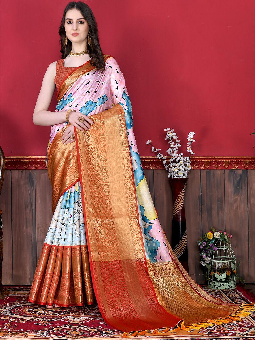 yavira silk graphic printed zari saree