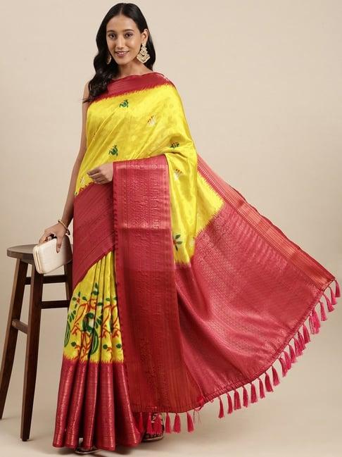 yavira silk yellow & pink silk printed saree with unstitched blouse