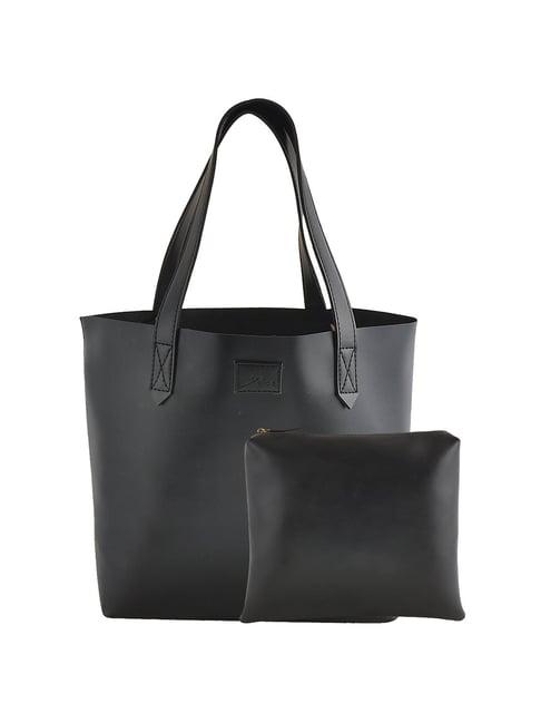 yelloe black solid large tote handbag with pouch