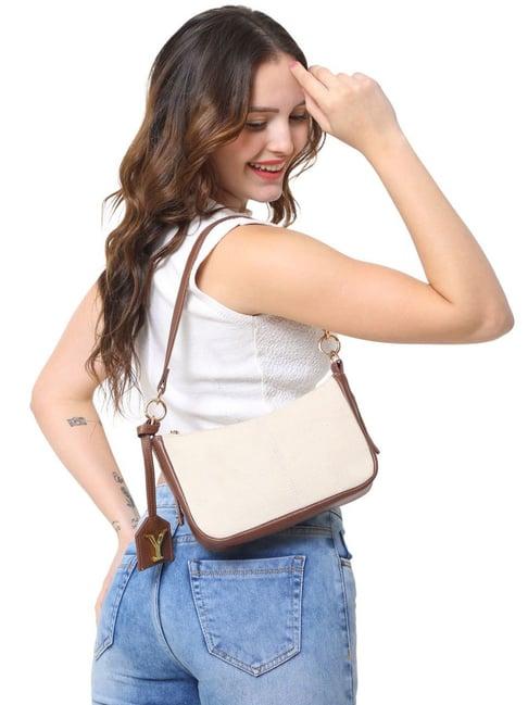 yelloe off white canvas textured sling handbag