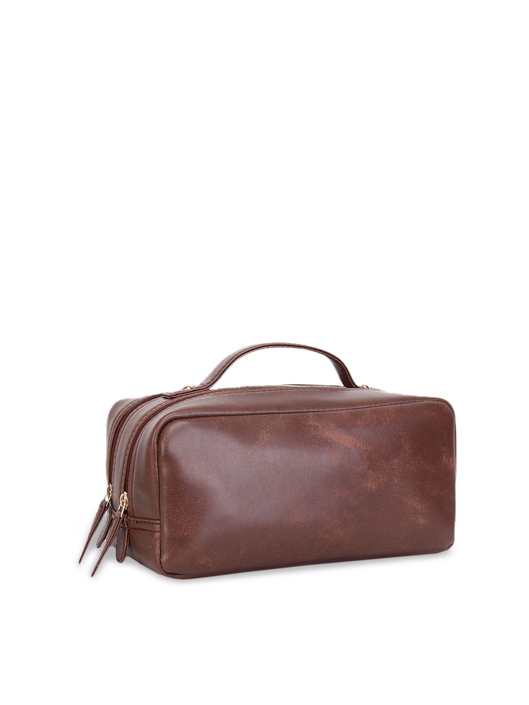 yelloe tan-brown solid leather toiletry pouch