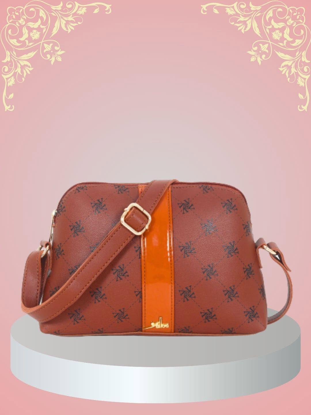 yelloe tan floral printed structured sling bag with bow detail