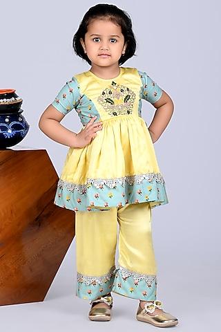 yellow & aqua blue modal satin hand embroidered kurta set for girls
