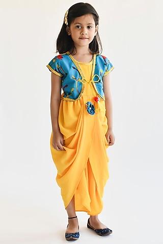 yellow & blue georgette dhoti jumpsuit for girls