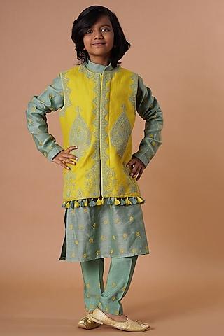 yellow & moss green embroidered bundi jacket with kurta set for boys