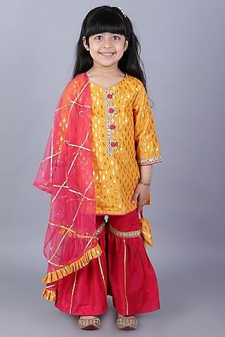 yellow & pink cotton silk sharara set for girls