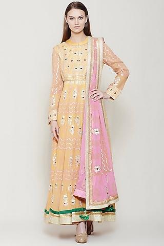 yellow & pink embroidered kurta set
