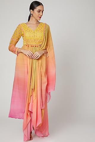 yellow & pink printed saree kurta set