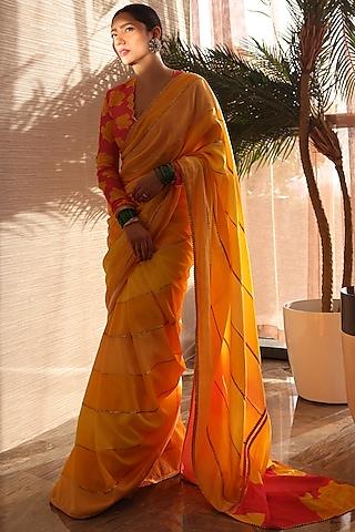 yellow & pink raw silk embellished saree set