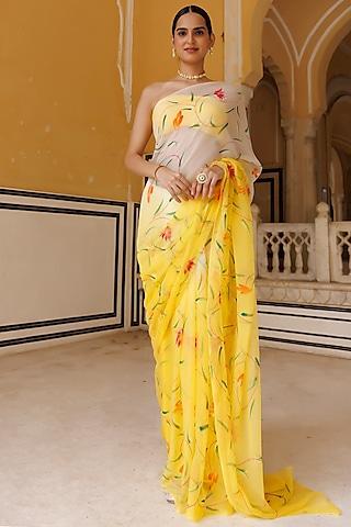 yellow & white chiffon hand-painted saree set