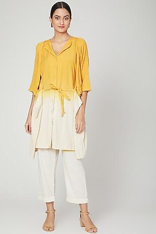 yellow & white cotton linen jacket set for girls