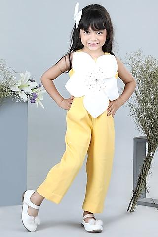 yellow & white imported crepe embellished jumpsuit for girls