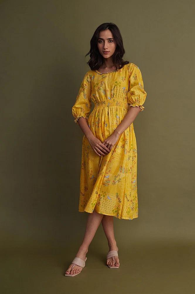 yellow a-line printed summer dress
