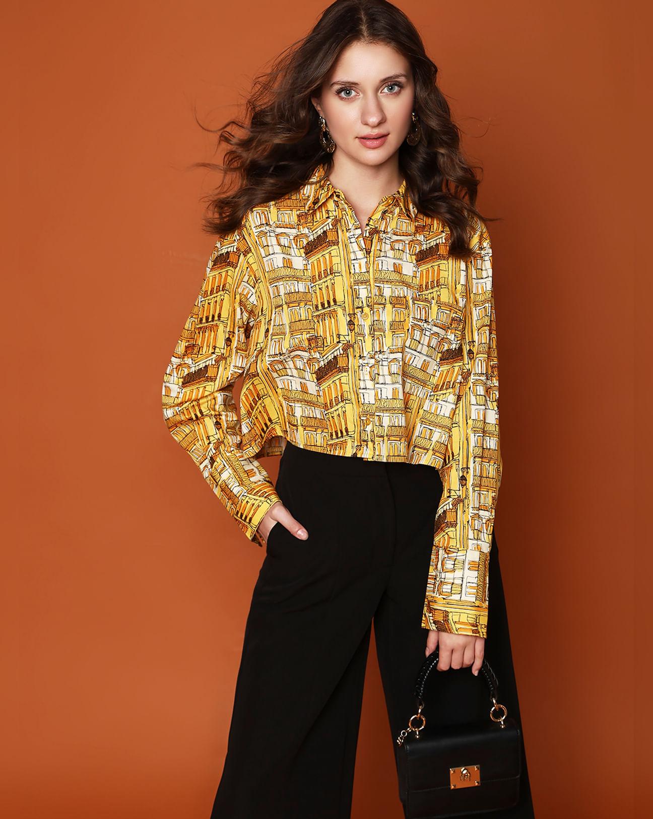 yellow abstract print cropped shirt