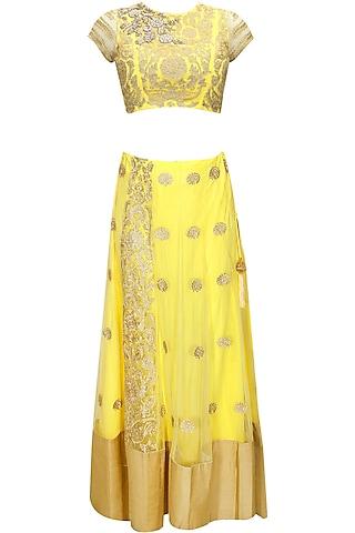yellow and gold floral embroidered lehenga set
