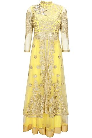 yellow and gold floral embroidered long jacket with yellow net lehenga