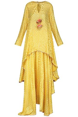 yellow asymmetrical printed tunic with skirt and dupatta