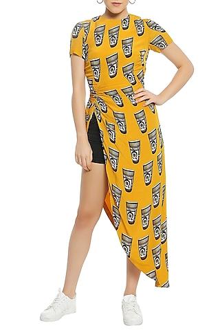 yellow asymmetrical ruched printed top