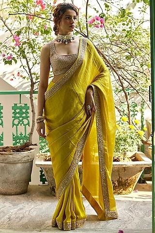 yellow banarasi & dupion silk hand embroidered saree set