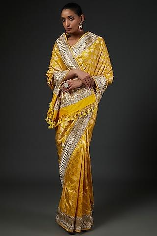 yellow banarasi silk hand embroidered saree set