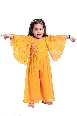 yellow bandhani printed jumpsuit for girls