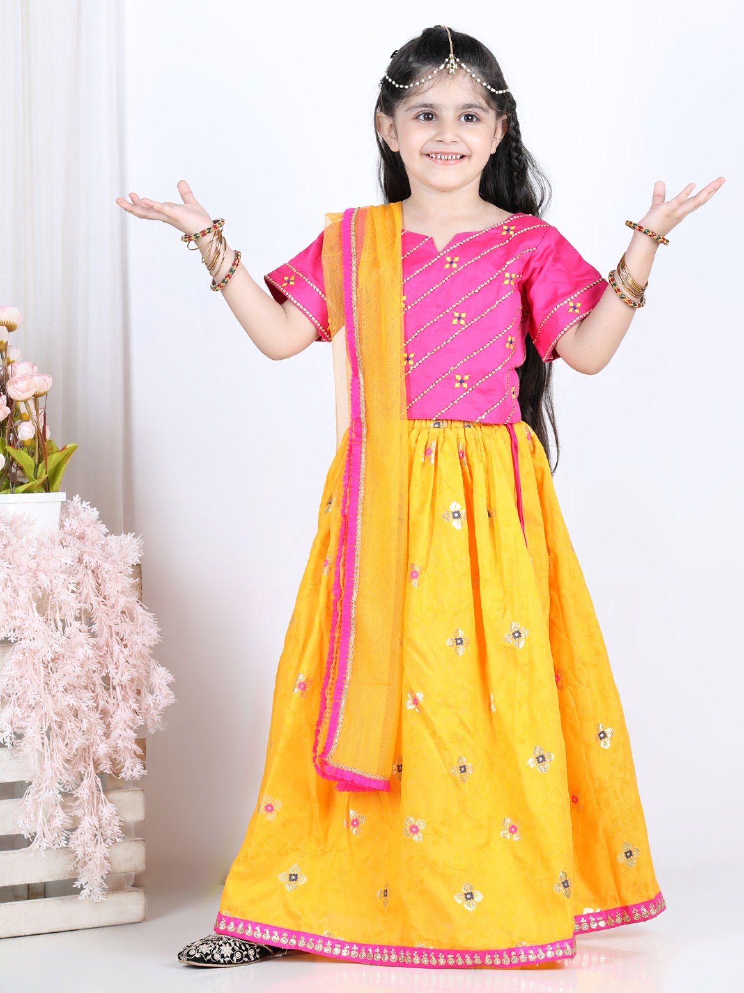 yellow brocade lehenga with pink embroidered blouse & dupatta (set of 3)
