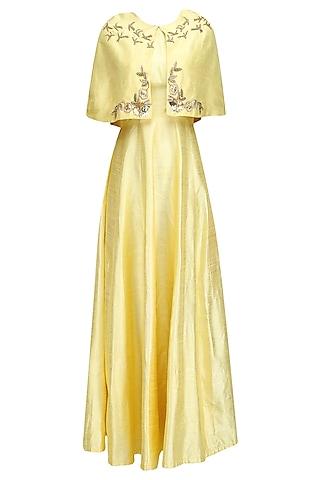 yellow buttercup gold birds  and floral work cape  and gown set