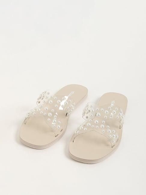 yellow by westside white pearl adorned slip-on slides