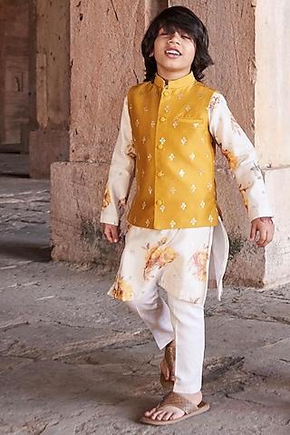 yellow chanderi bundi jacket with kurta set for boys