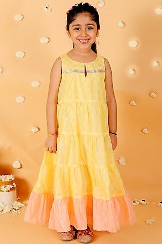 yellow chanderi foil printed tiered gown for girls