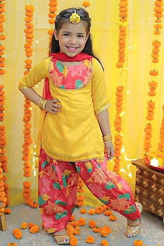 yellow chanderi kurta set for girls
