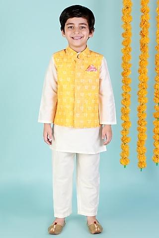 yellow chanderi kurta set with bundi jacket for boys