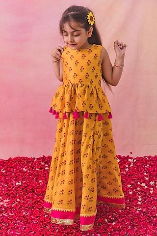 yellow chanderi printed sharara set for girls