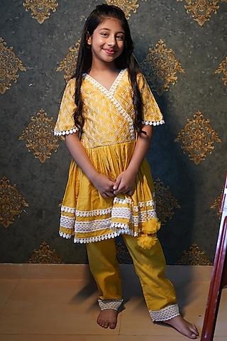 yellow chanderi silk embroidered kurta set for girls