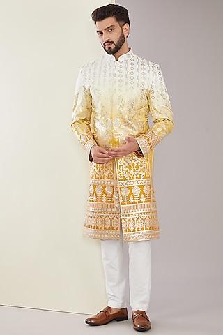yellow chanderi silk floral applique embroidered sherwani