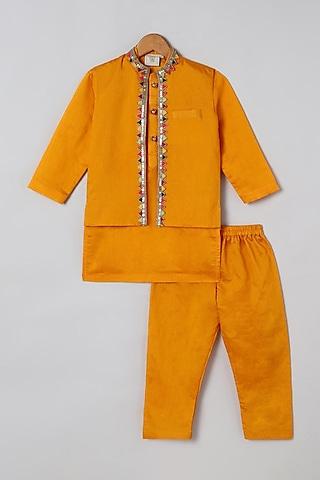 yellow chanderi silk kurta set with embellished bundi jacket for boys