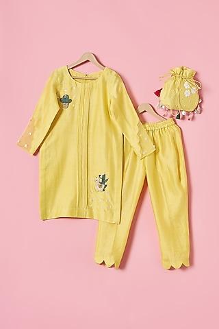 yellow chanderi silk lama & cactus hand embroidered kurta set for girls