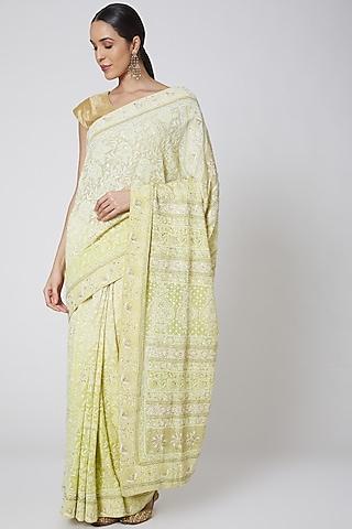 yellow chikankari embroidered saree set