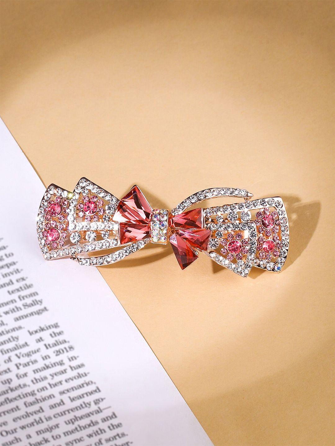 yellow chimes  gold toned bow designed red crystal studded french baratte hair clip