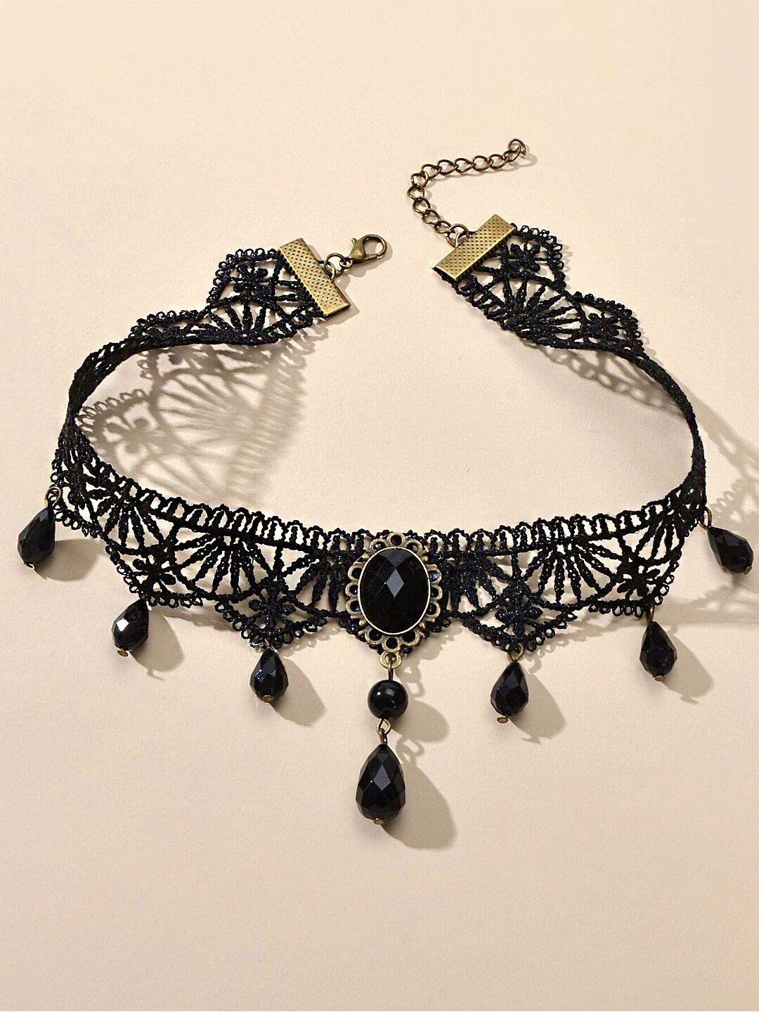 yellow chimes black fabric lace with black stone hanging choker necklace