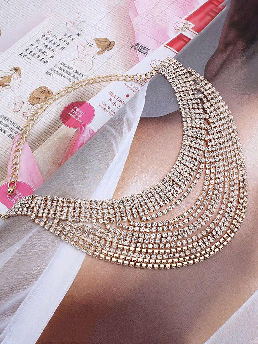 yellow chimes gold toned crystal studded multilayer glittering choker necklace