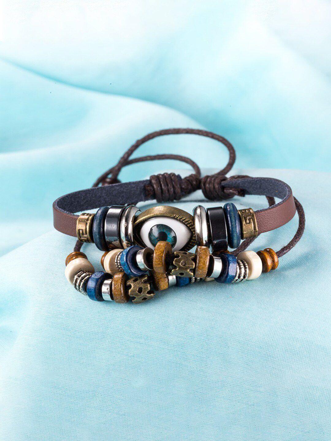 yellow chimes men brown & blue leather wraparound bracelet